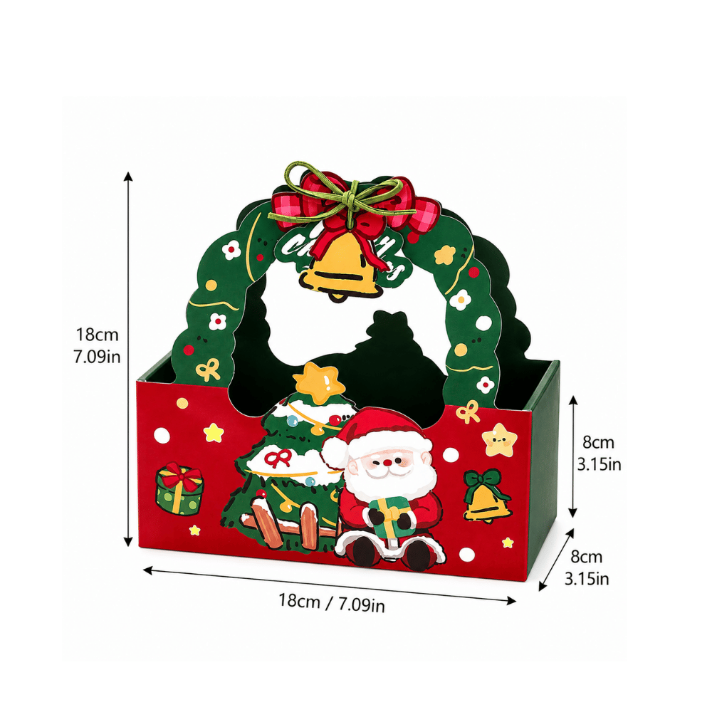Christmas Theme Paper Favor & Treat Boxes W/ Handle & Rope & Tag| Holiday Candy & Gift Baskets - size