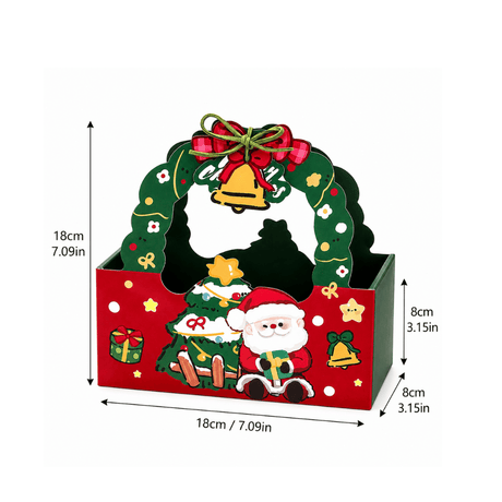 Christmas Theme Paper Favor & Treat Boxes W/ Handle & Rope & Tag| Holiday Candy & Gift Baskets - size