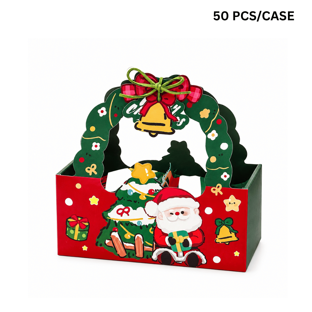Christmas Theme Paper Favor & Treat Boxes W/ Handle & Rope & Tag| Holiday Candy & Gift Baskets (50 PCS/Case)