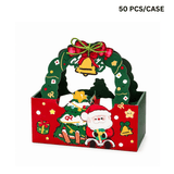 Christmas Theme Paper Favor & Treat Boxes W/ Handle & Rope & Tag| Holiday Candy & Gift Baskets (50 PCS/Case)