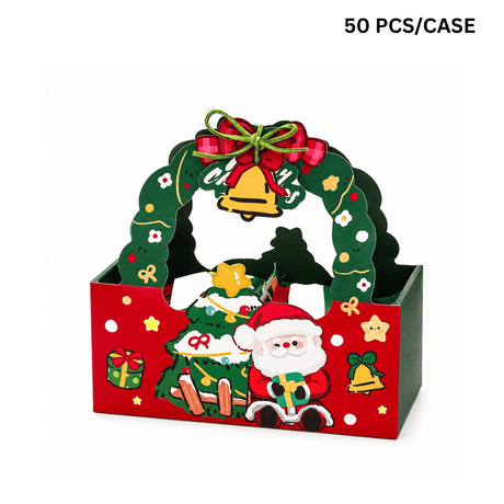 Christmas Theme Paper Favor & Treat Boxes W/ Handle & Rope & Tag| Holiday Candy & Gift Baskets (50 PCS/Case)