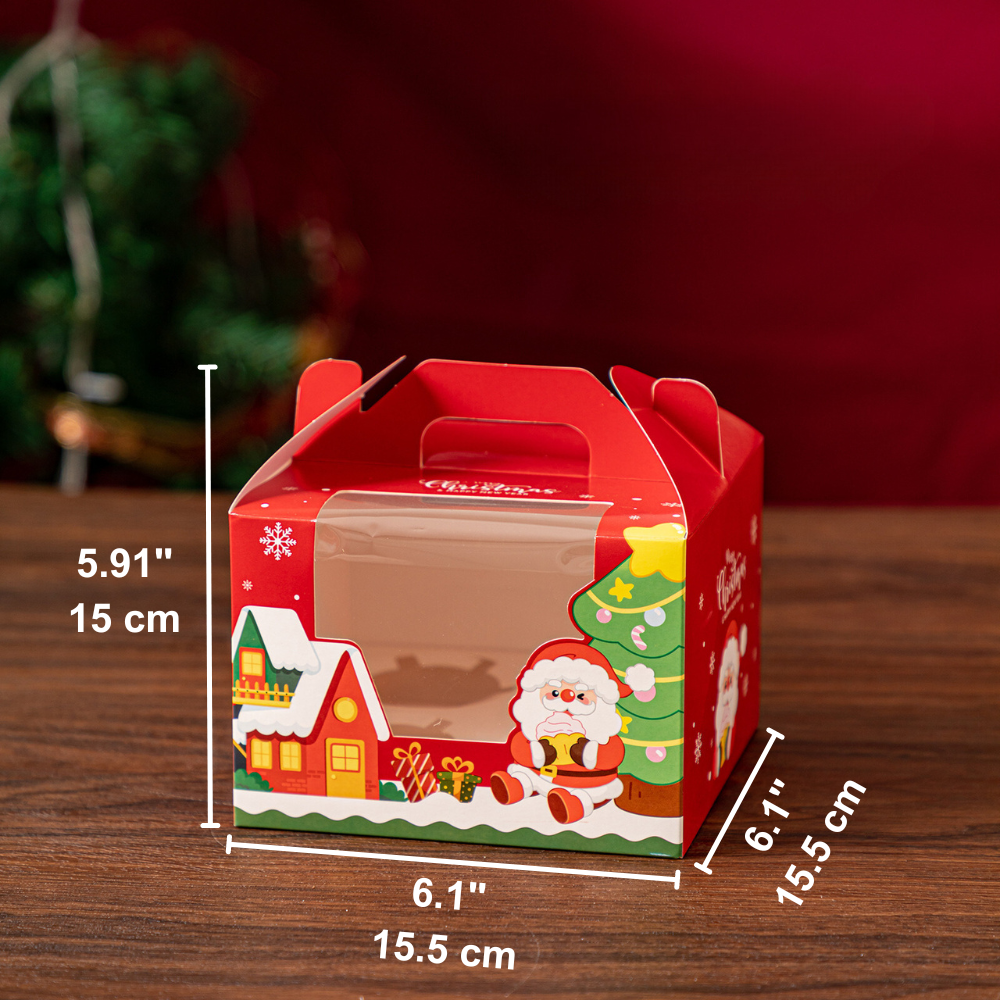 Christmas Window Cupcake Boxes W/ Handle | Fit 4/6 Cupcakes - 10 Pcs