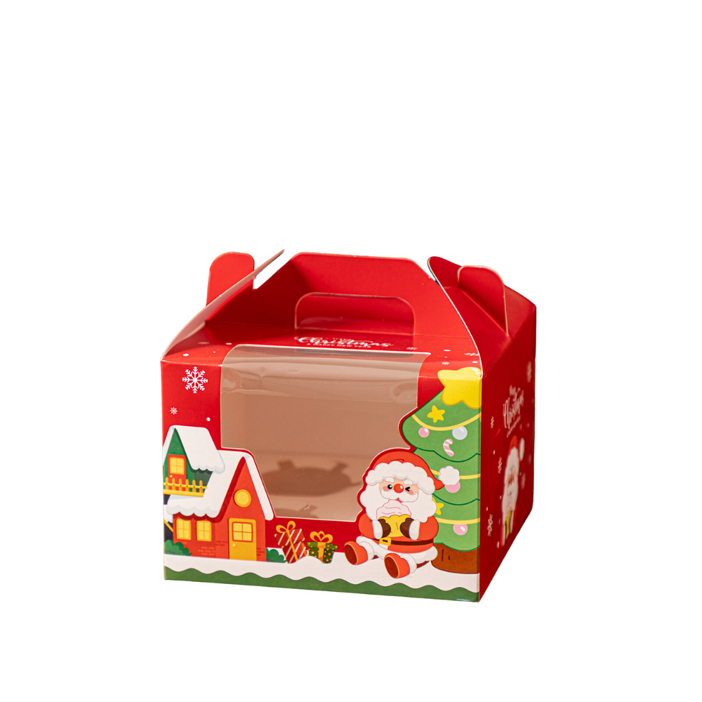 Christmas Window Cupcake Boxes W/ Handle | Fit 4/6 Cupcakes - 10 Pcs