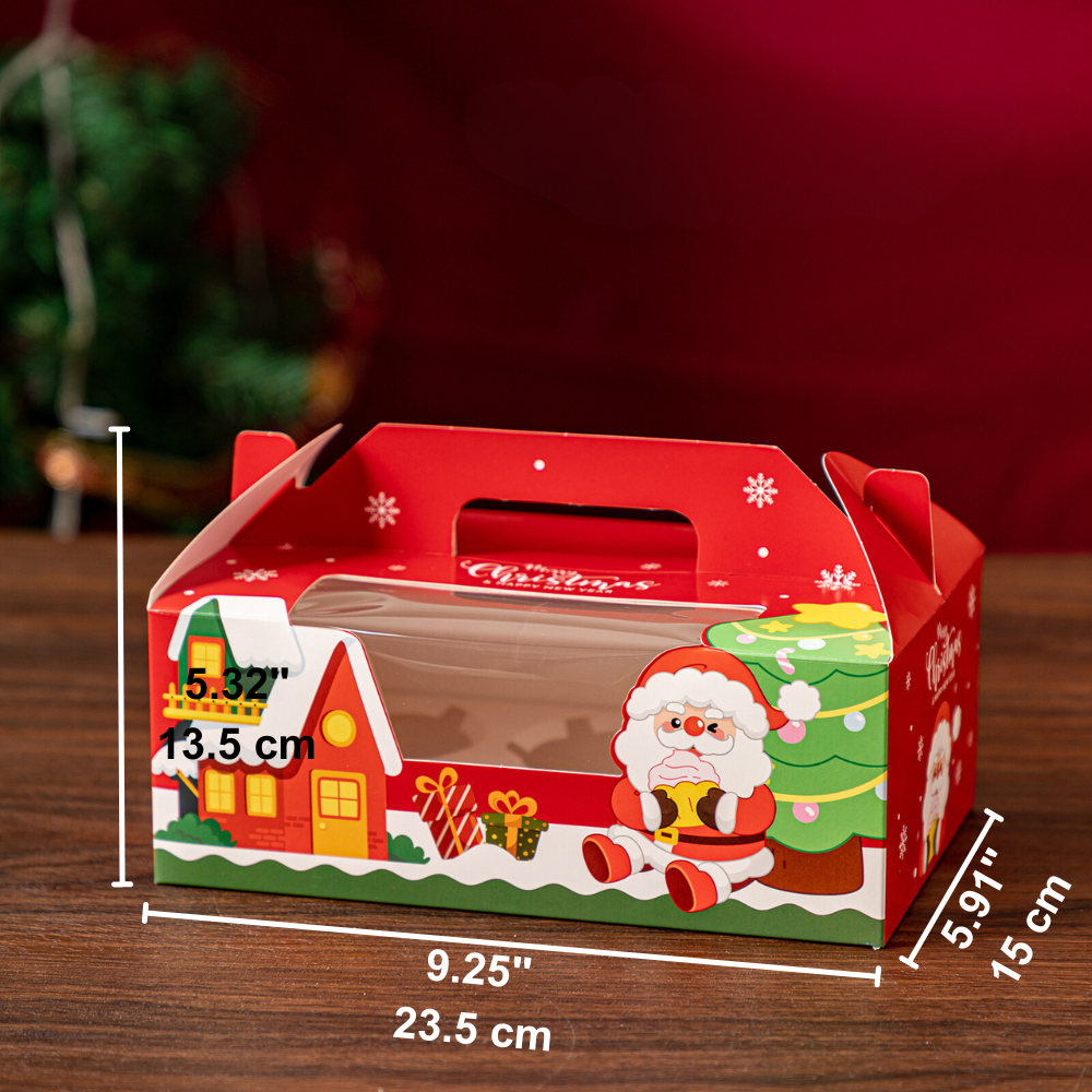 Christmas Window Cupcake Boxes W/ Handle | Fit 4/6 Cupcakes - 10 Pcs