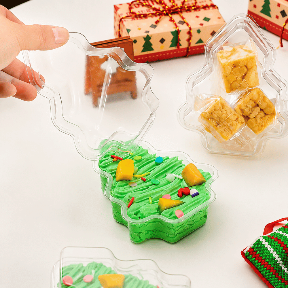 Clear PET Christmas Tree Shaped Cake Boxes W/ Lids | 4.13x3.27x1.97" - open lids