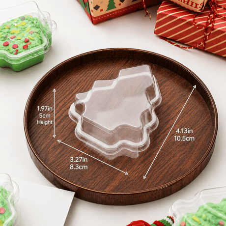 Clear PET Christmas Tree Shaped Cake Boxes W/ Lids | 4.13x3.27x1.97" - size