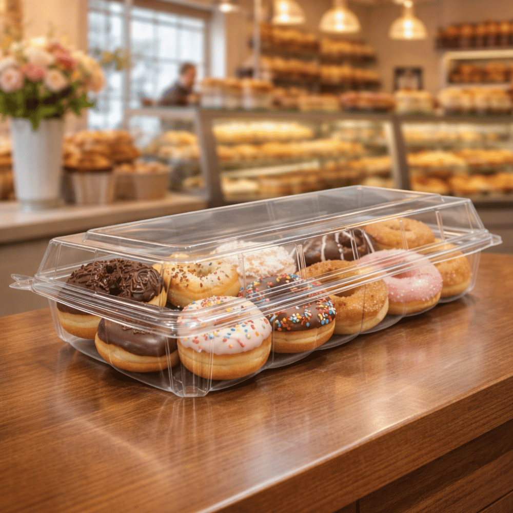CF6090 | Clear Rectangular Hinged Bakery Container | 13.8x6.8x2.6" - WITH DONUT