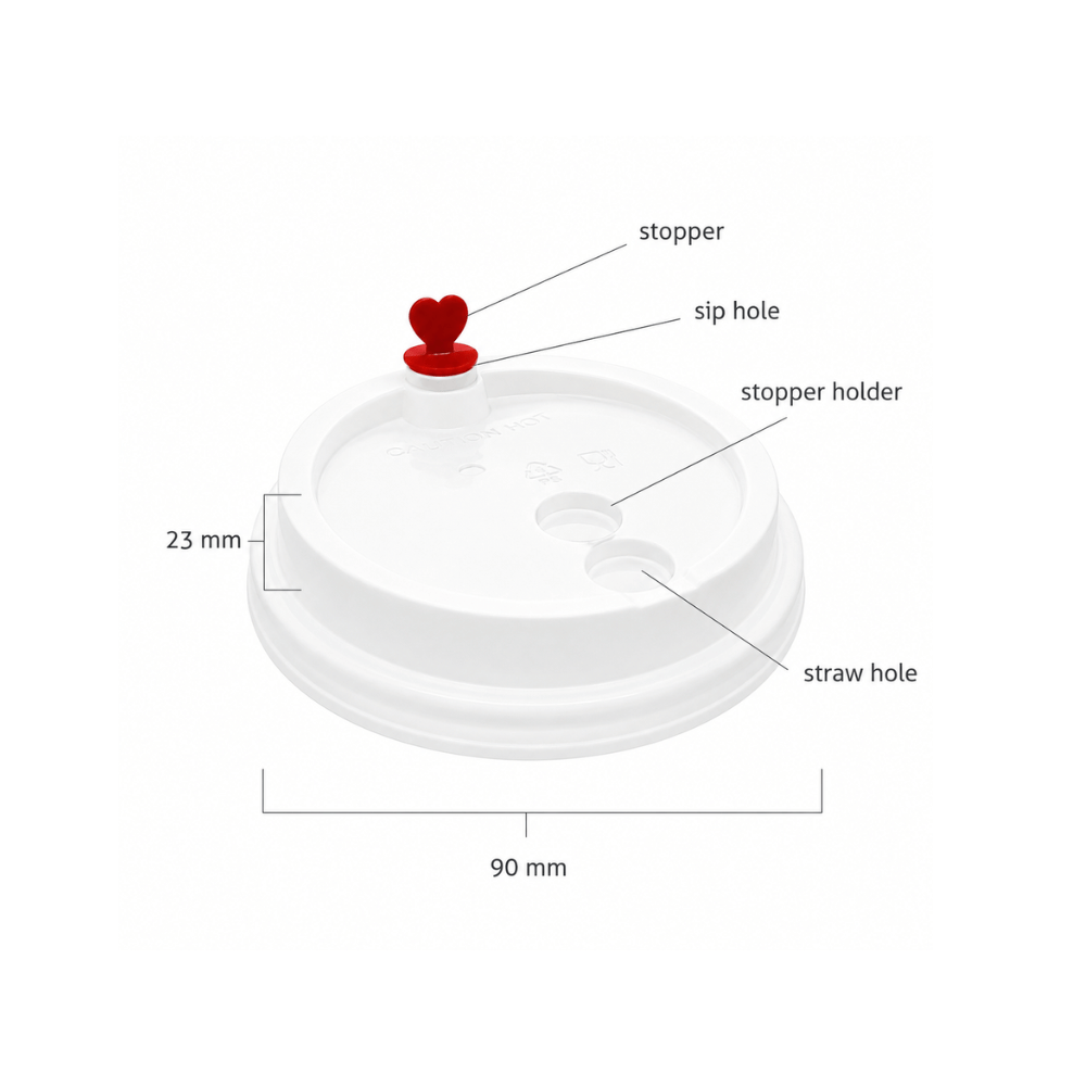 D90W-H | 90mm PP White Round Sip Lid W/ Red Heart Shaped Plug | Fit CY-Z500/700 Cup - size