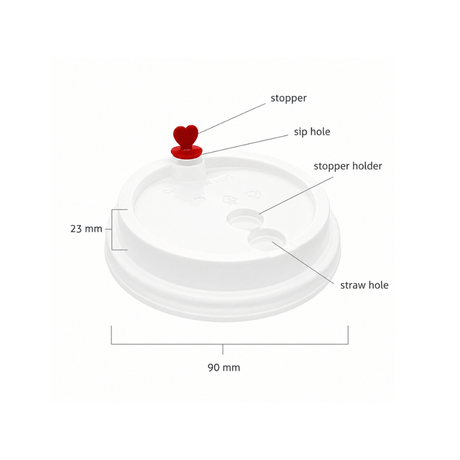 D90W-H | 90mm PP White Round Sip Lid W/ Red Heart Shaped Plug | Fit CY-Z500/700 Cup - size