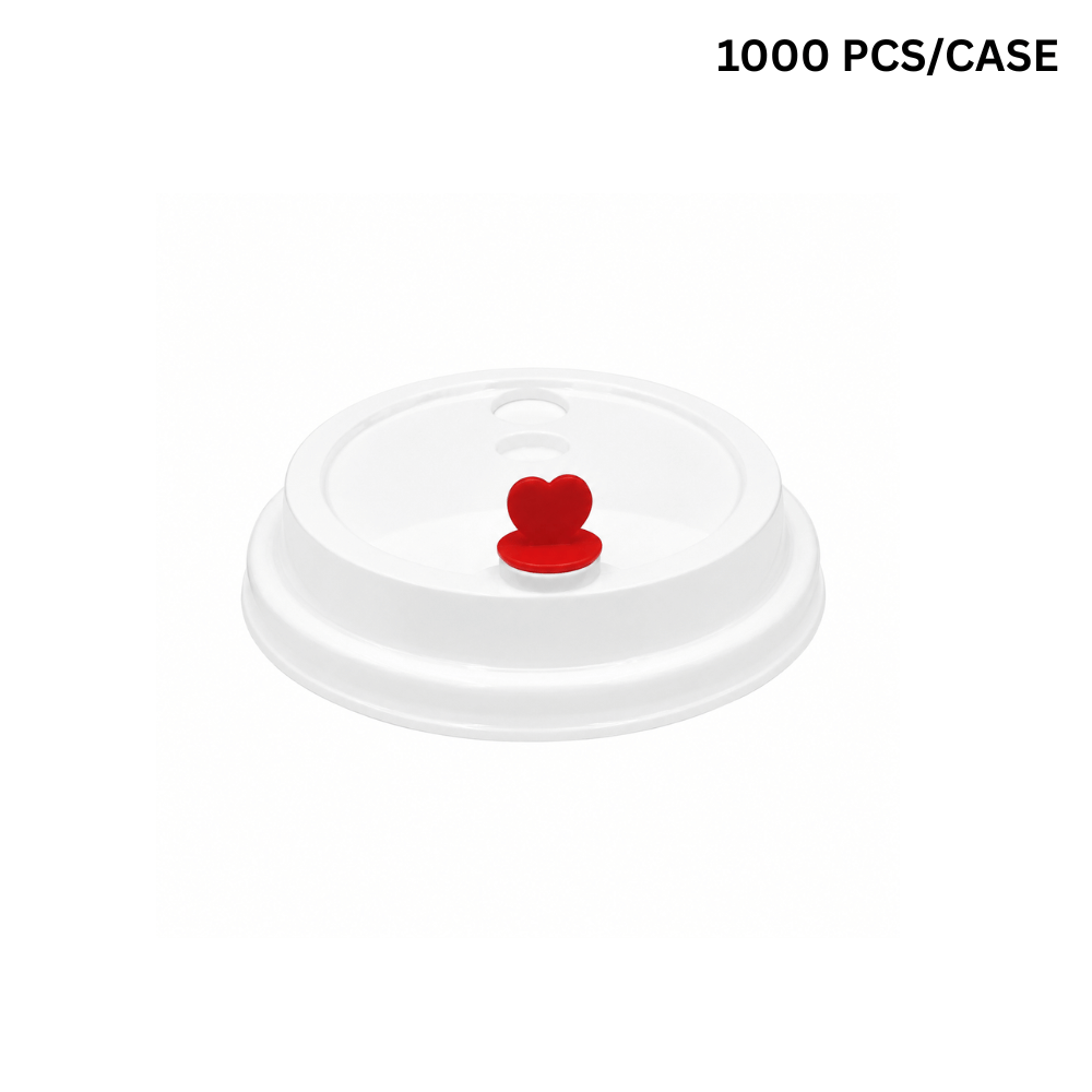 D90W-H | 90mm PP White Round Sip Lid W/ Red Heart Shaped Plug | Fit CY-Z500/700 Cup (1000 Pcs/Case)