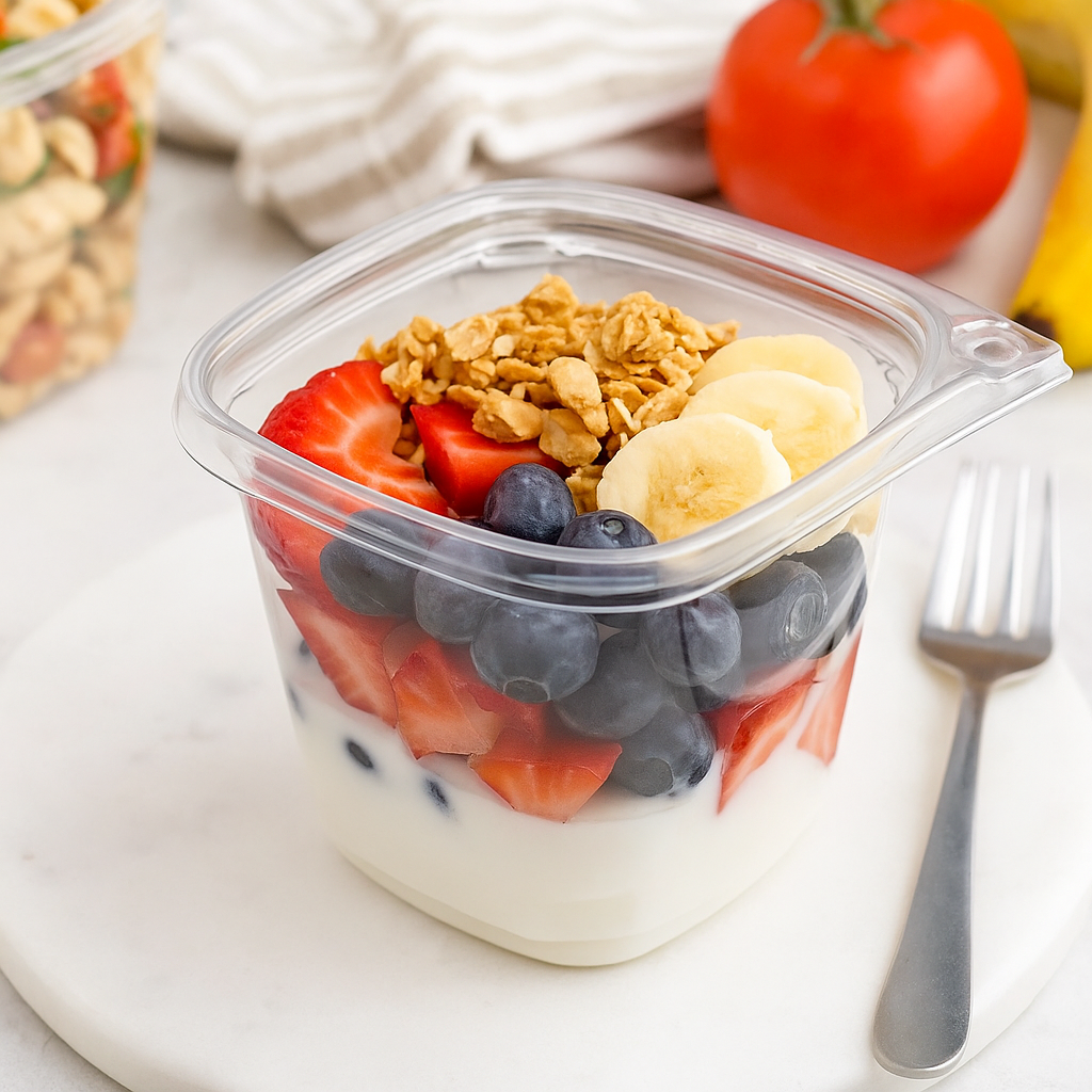 DC-24 | 24oz PET Clear Safety Lock Square Container (Base Only) with yogurt and fruit