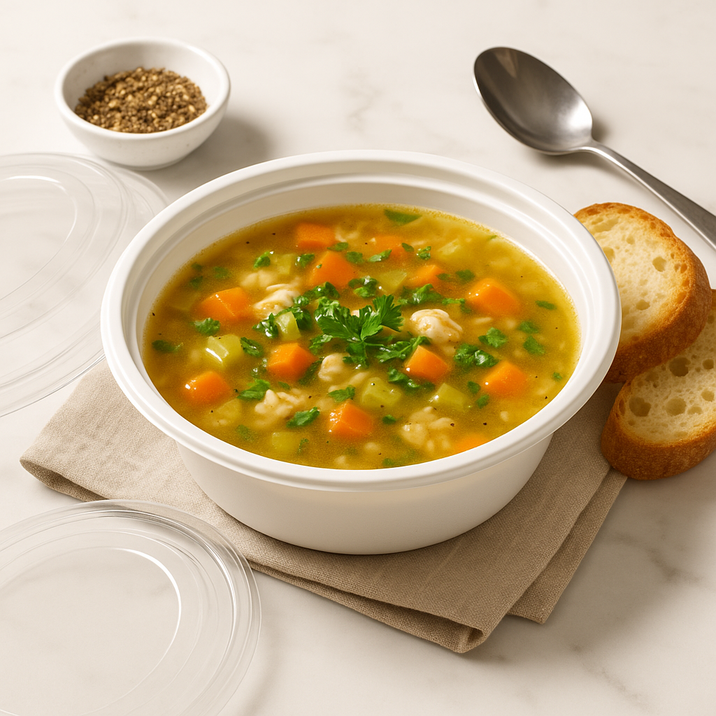F-7024 | TD 24oz PP White Round Container W/ Lid (No hole) with soup