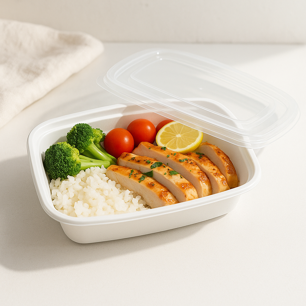 F-7524 TD 24oz Microwaveable PP White Rectangular Container With Lid with takout food