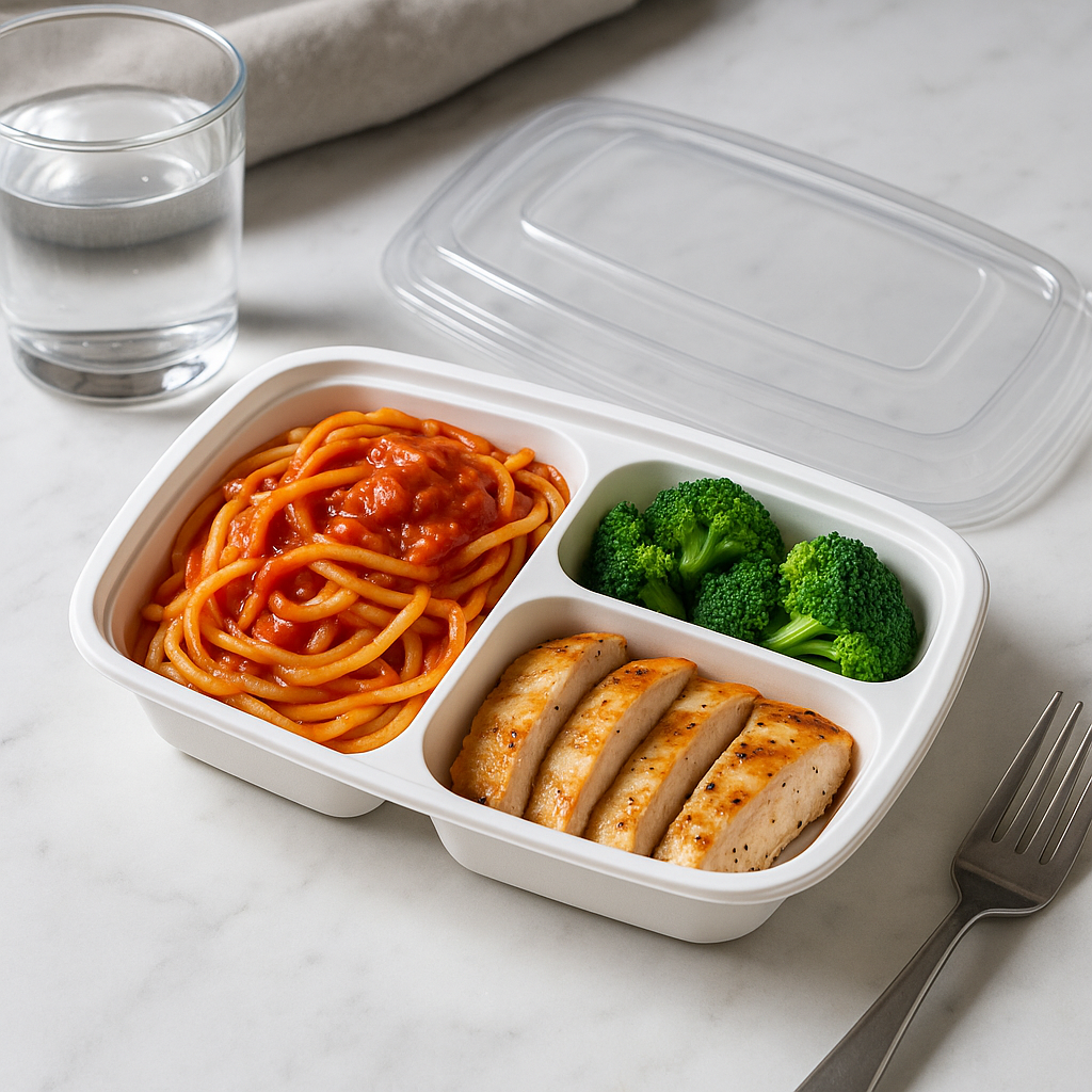F-96326 | TD 26oz PP White Rectangular Container W/ Lid | 3 Compartment with takeout food
