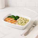 F-9632 TD 32oz Microwaveable PP White Rectangular Container With Lid with food