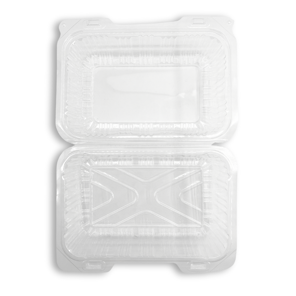 F1003 PET | Clear Rectangular Hinged Container | 8.43x6.1x3.54" - open top