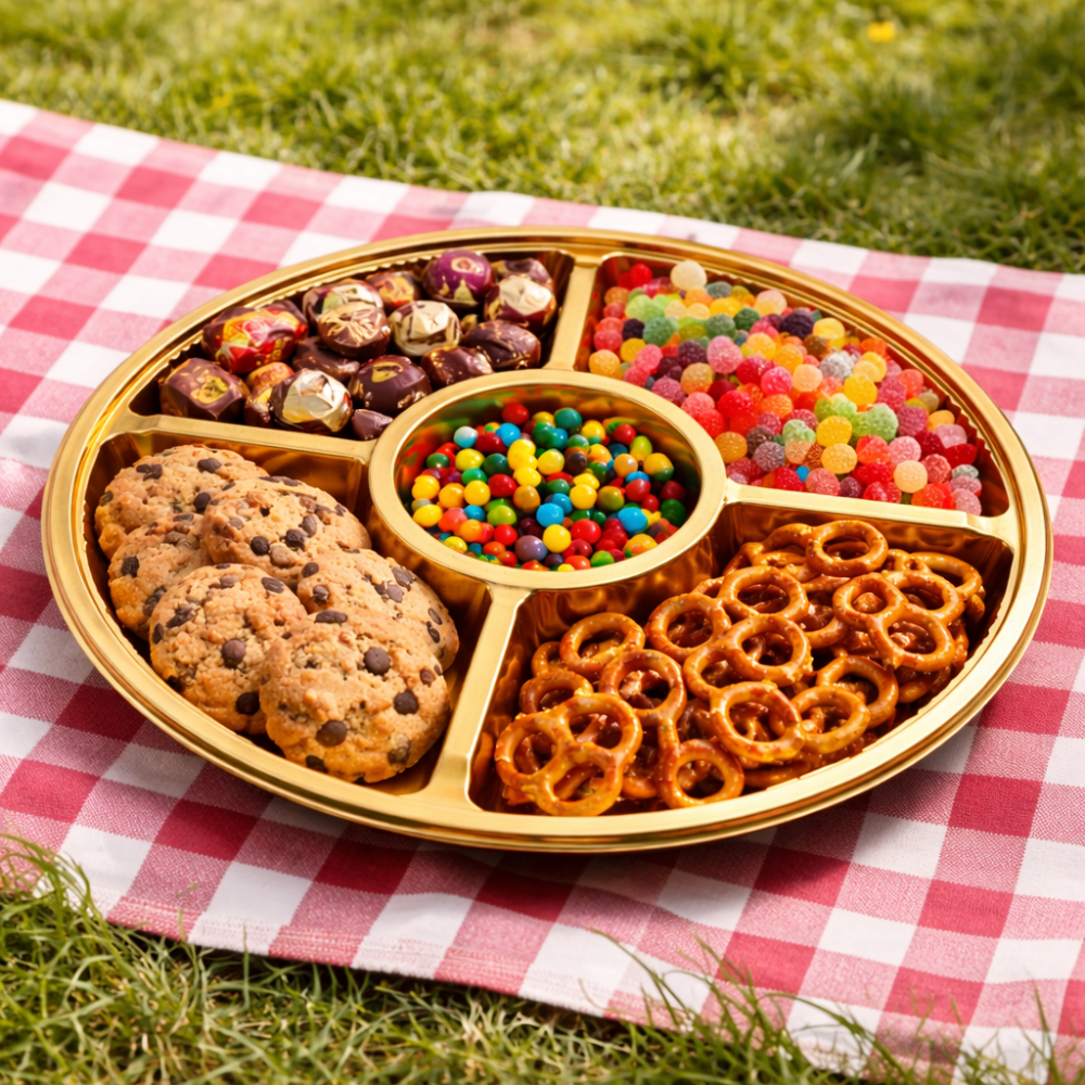 FS-2119 | 12" PET Golden Round Container W/ Clear Lid | 5 Compartment-with dessert