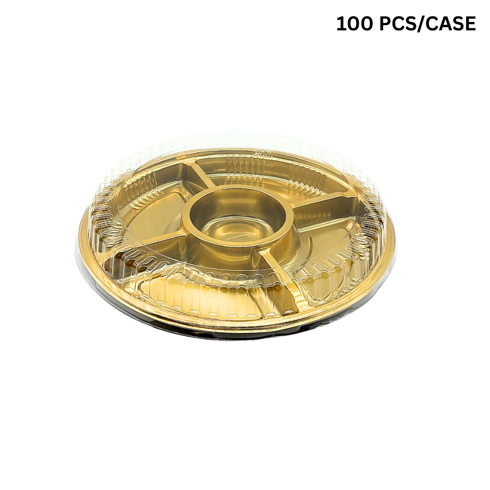 FS-2119 | 12" PET Golden Round Container W/ Clear Lid | 5 Compartment-100 Pcs