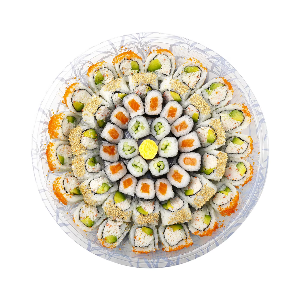 FS-65 PET | 15" Blue Maple Pattern Sushi Party Tray W/ Lid - with sushi