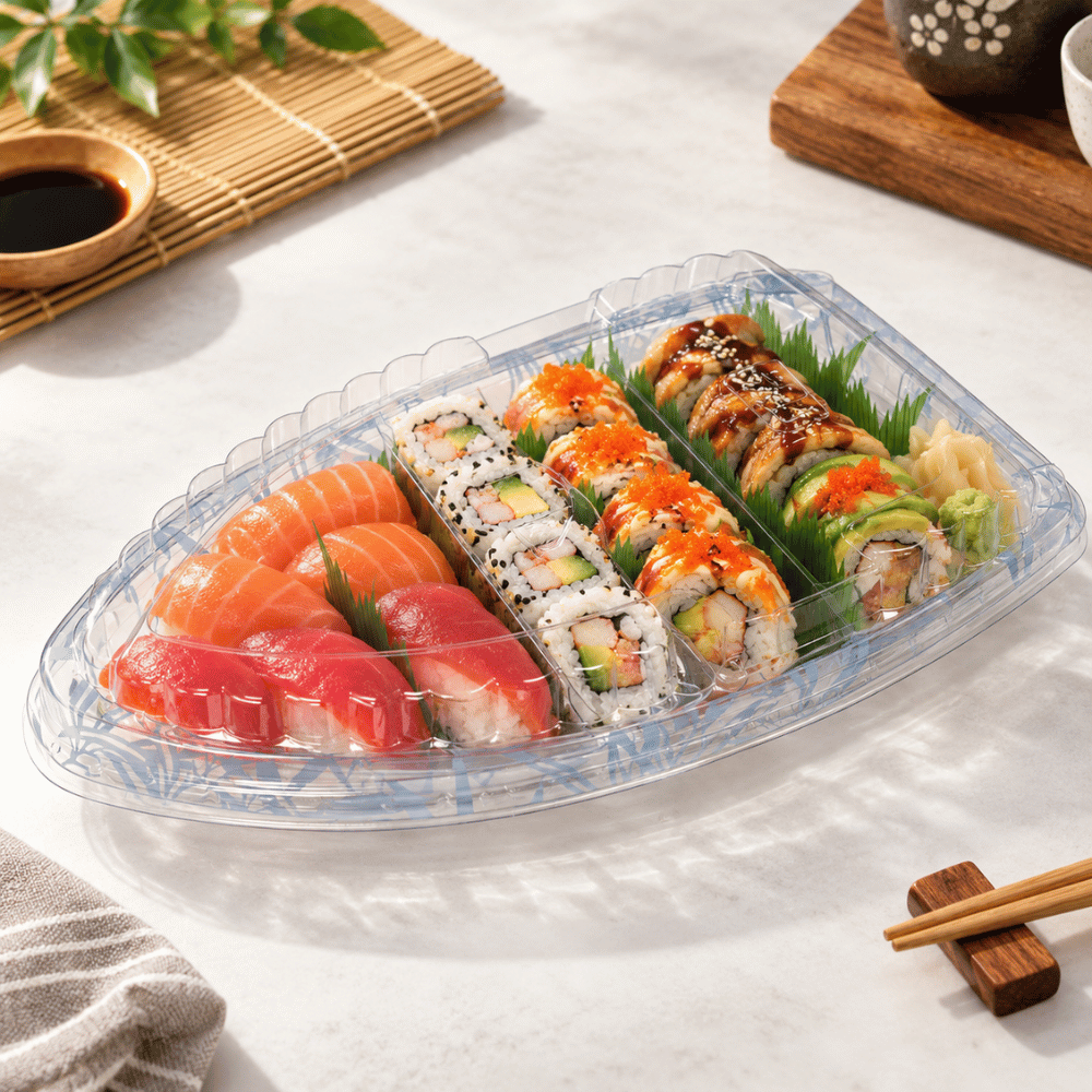 FS-7101 | B-16 PET Blue Maple Pattern Boat Sushi Tray W/ Lid | 10.4x5.5x1.97" - with sushi
