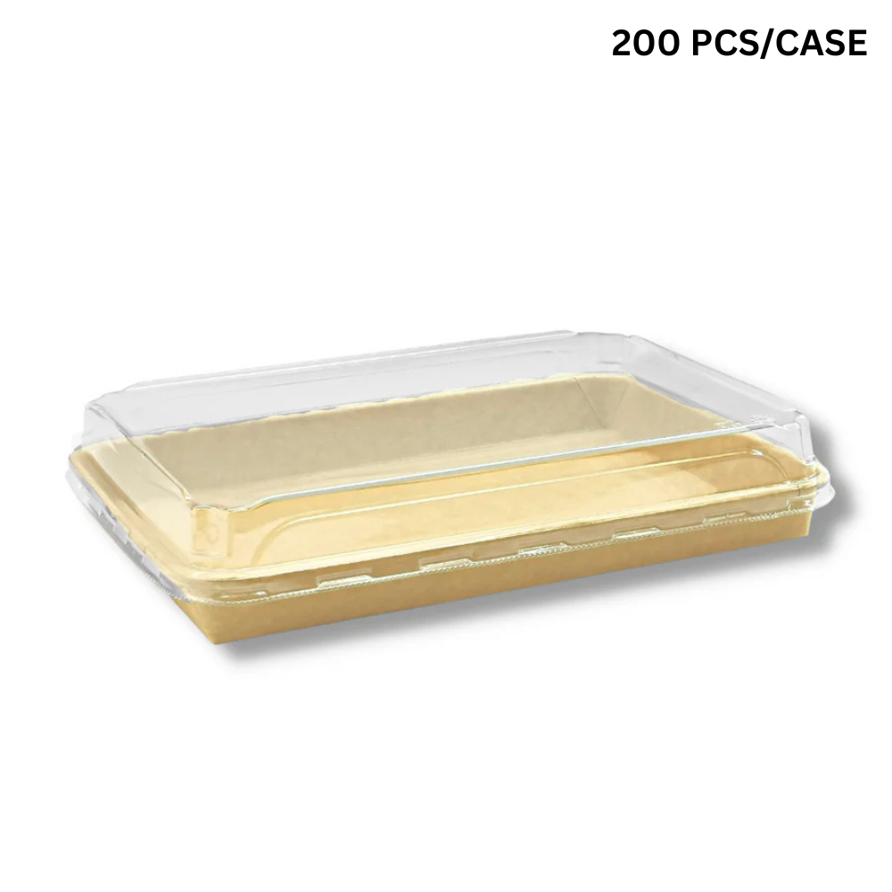 HD-1111 | Plateau à sushi en papier kraft de 31 oz avec couvercle en PET | 10,24 x 7,09 x 1,89 po - 200 ensembles