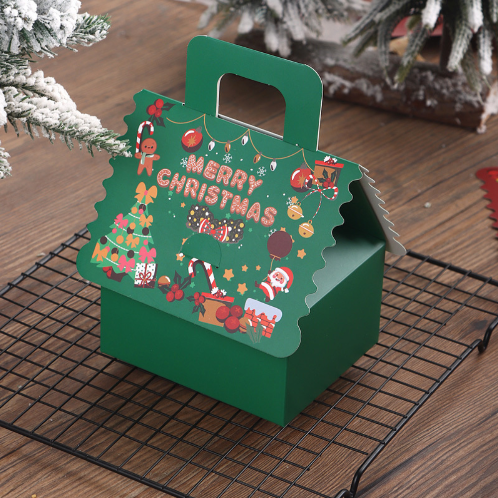 Green Christmas House Shaped Candy Box Chocolate Gift Packaging – 10 Sets