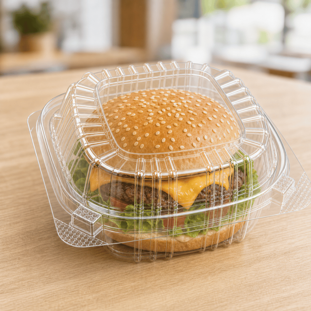 HC5527-WX | Clear Hinged PET Container | 5x5x2.56" - with food