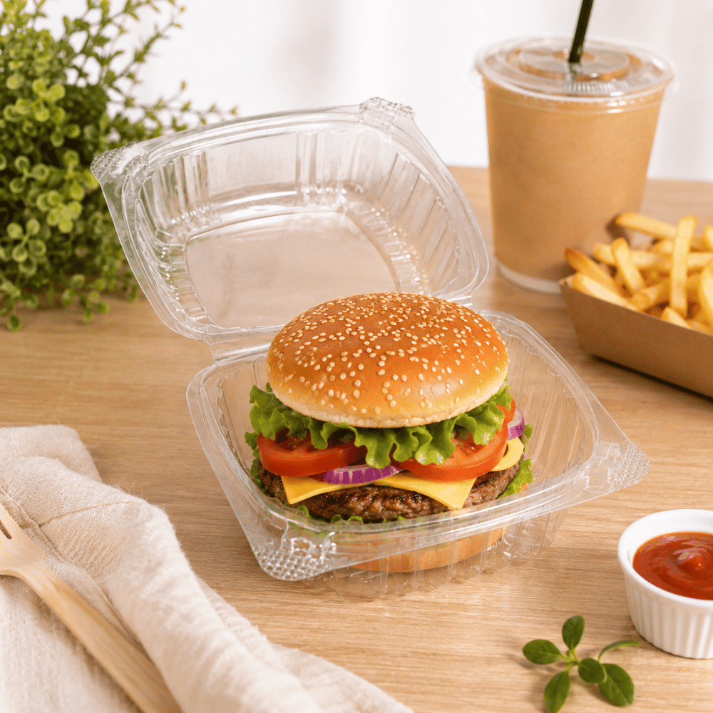 HC5527-WX | Clear Hinged PET Container | 5x5x2.56"-with burger