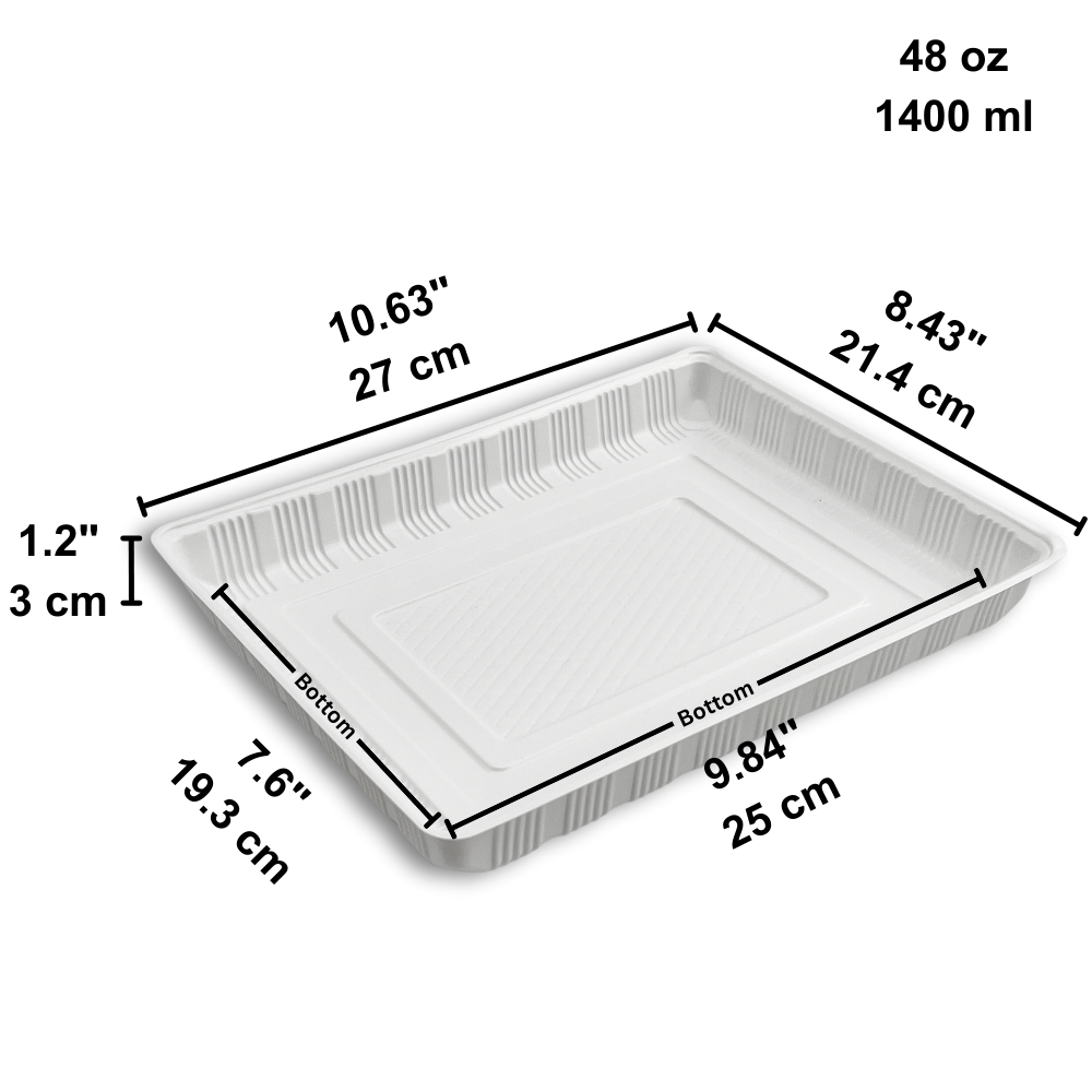 HD-2721 | 48oz Microwaveable PP White Rectangular Tray | 10.63x8.43x1.2" - size