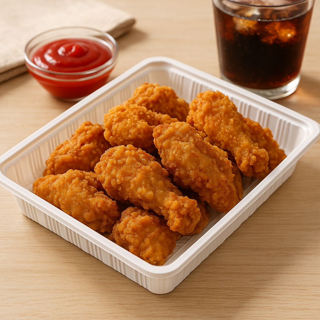HD-2721 | 48oz Microwaveable PP White Rectangular Tray | 10.63x8.43x1.2" with fried chicken wings