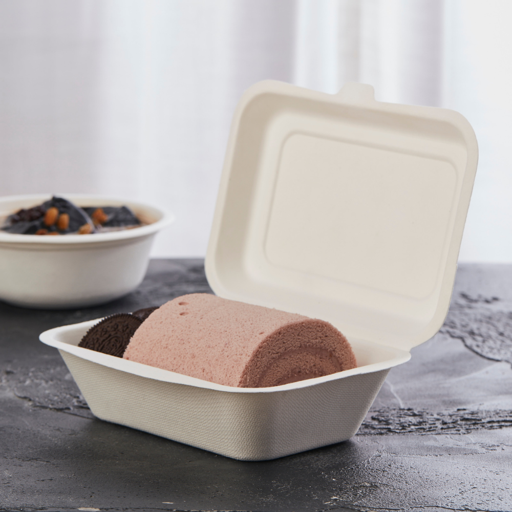 HD-B001 | Sugarcane Clamshell Food Container | 7x5x2.5" - with dessert