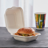 HD-B024 | Sugarcane Clamshell Food Container | 5.75x5.75x3" - with burger