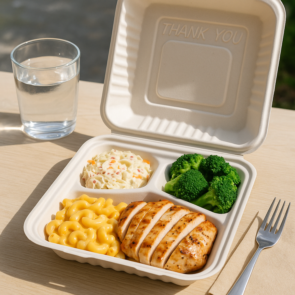 HD-CCS9-3 | 42oz Sugarcane Clamshell Container | 9x9x3" | 3 Compartment