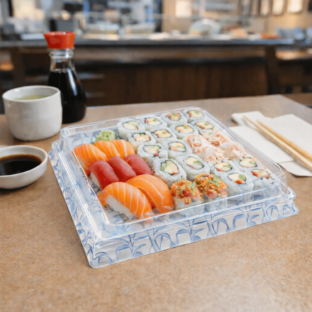 HD-SQ-13 | PET Square Blue Maple Sushi Tray w/Lid