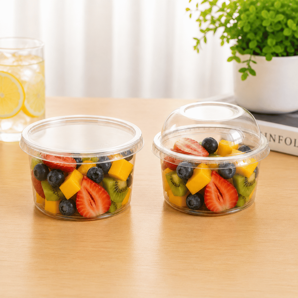 HD 16oz PET Clear Round Salad Container Dessert Cup | 117mm Top - with flat and dome lid