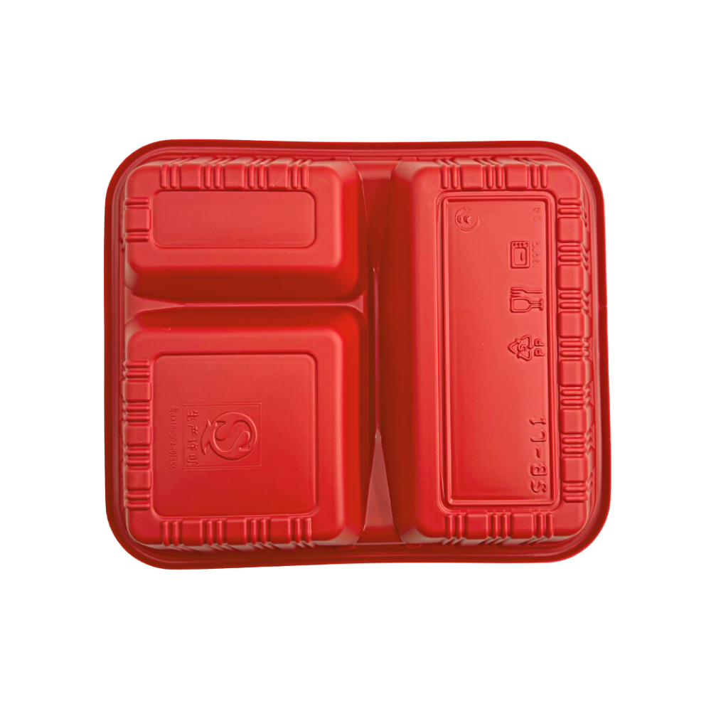 HT107 Base | PP Red Rectangular Bento Box | 3 Compartment (Base Only)