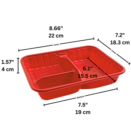 Socle HT107 | Boîte à bento rectangulaire rouge PP | 3 compartiments (base uniquement) - 300 pièces