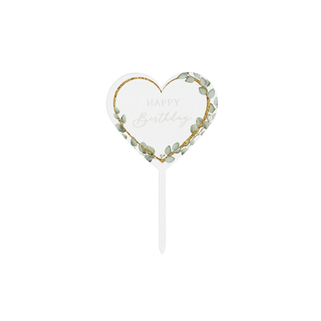 Heart-shaped Floral Happy Birthday Cake Topper | Green Flower Design