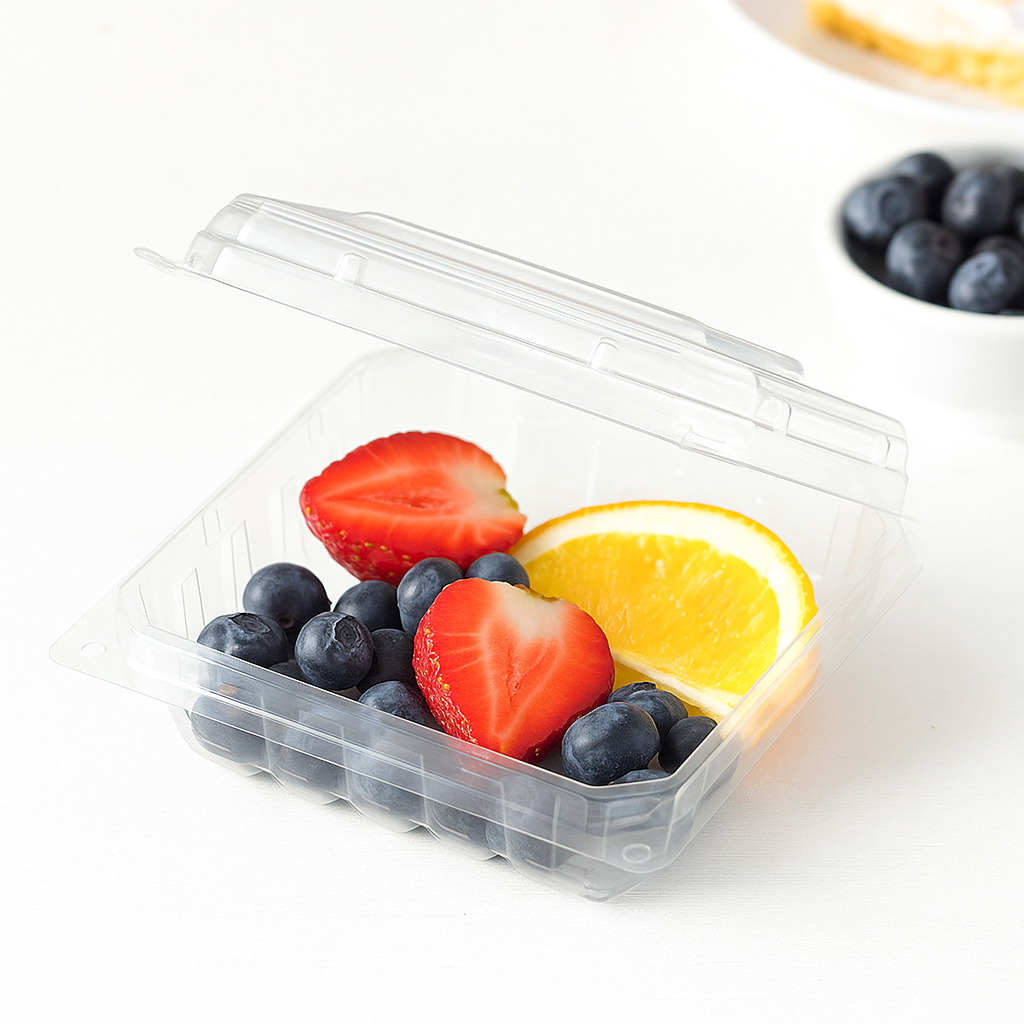 J027 Plastic Clear Square Hinged Container with fruits