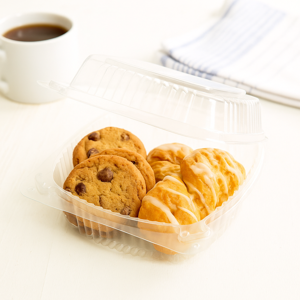 J038 PET Clear Square Hinged Container with cookies and pastries
