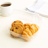 J038 PET Clear Square Hinged Container with cookies and pastries