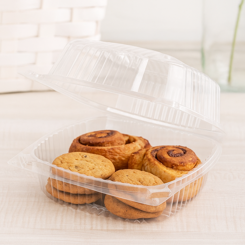 J048 PET Clear Rectangular Hinged Container with cookies and pastries