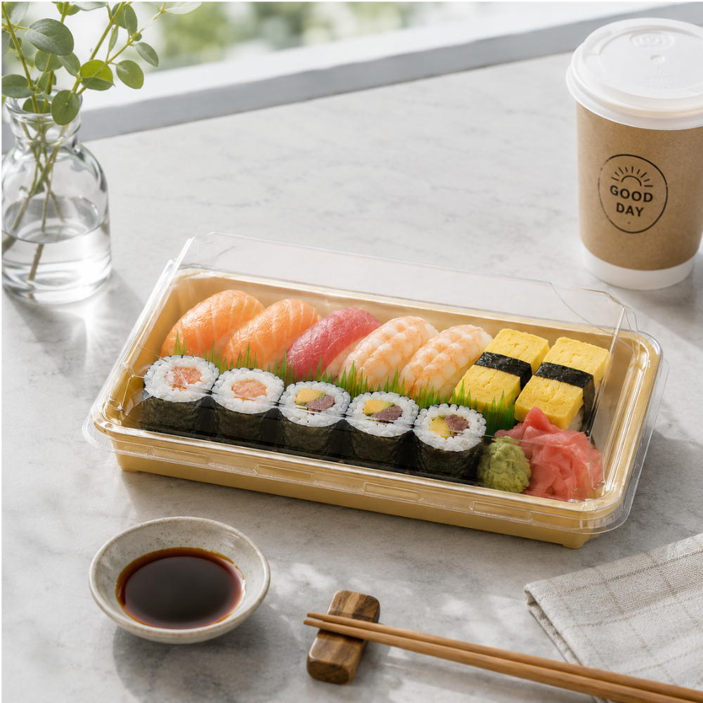 JH-1109/ST07 | 24oz Kraft Paper Sushi Tray W/ PET Lid | 9.45x5.91x1.89"