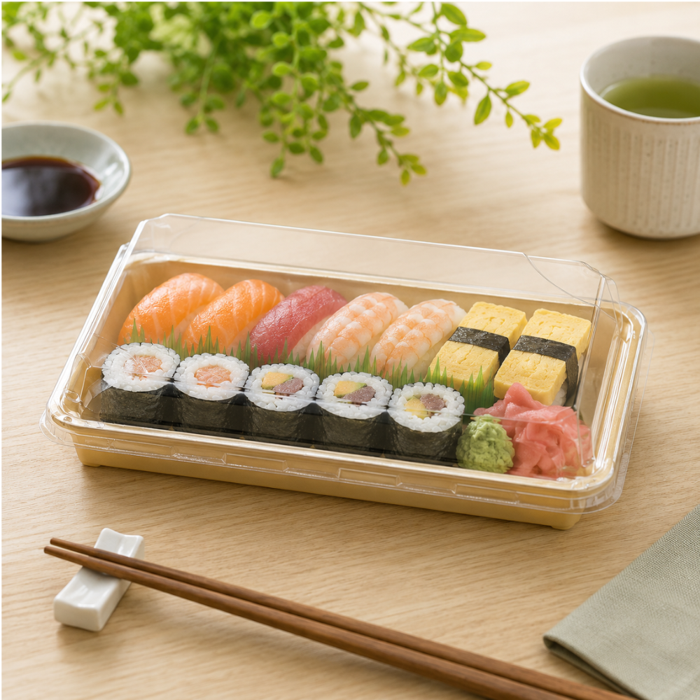 JH-1109/ST07 | 24oz Kraft Paper Sushi Tray W/ PET Lid | 9.45x5.91x1.89"
