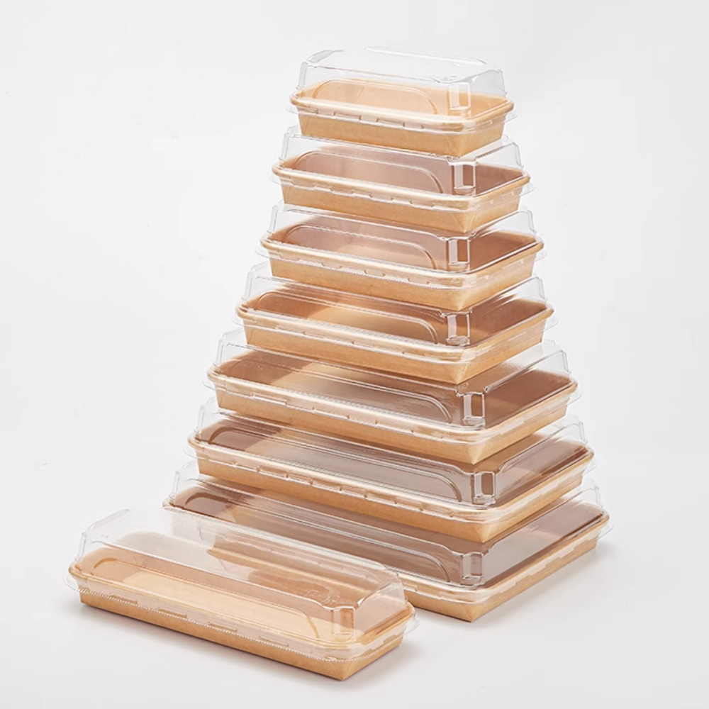JH-1111 | 31oz Kraft Paper Sushi Tray W/ PET Lid | 10.24x7.09x1.89"