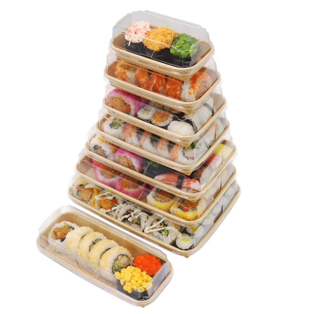 JH-1111 | 31oz Kraft Paper Sushi Tray W/ PET Lid | 10.24x7.09x1.89"