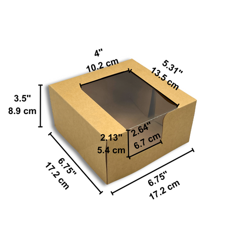 Kraft Square Cake Paper Box Pastry Box W/ Window | 6.75x6.75x3.5" - size