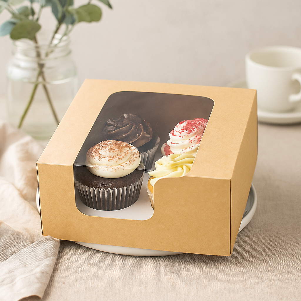 Kraft Square Cake Paper Box Pastry Box W/ Window with cupcakes