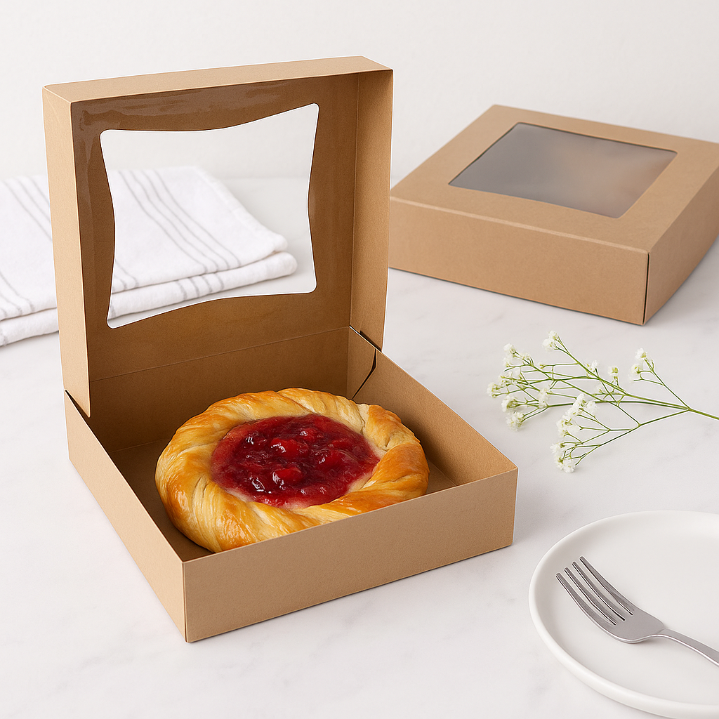 Kraft Square Cake Paper Box With Window and a pie in it