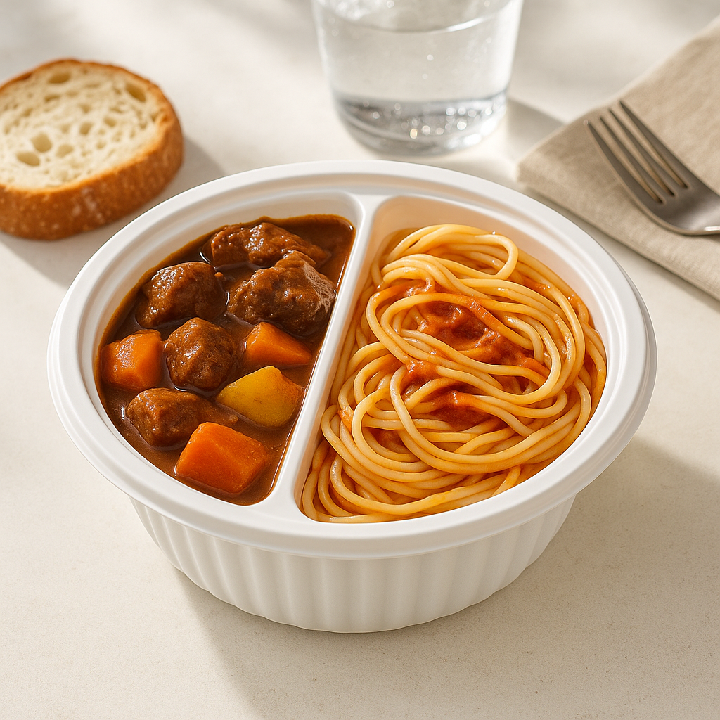 Microwaveable PP White Bowl W/ 2 Compartment Insert (Base+Insert Only) with stew and noodles